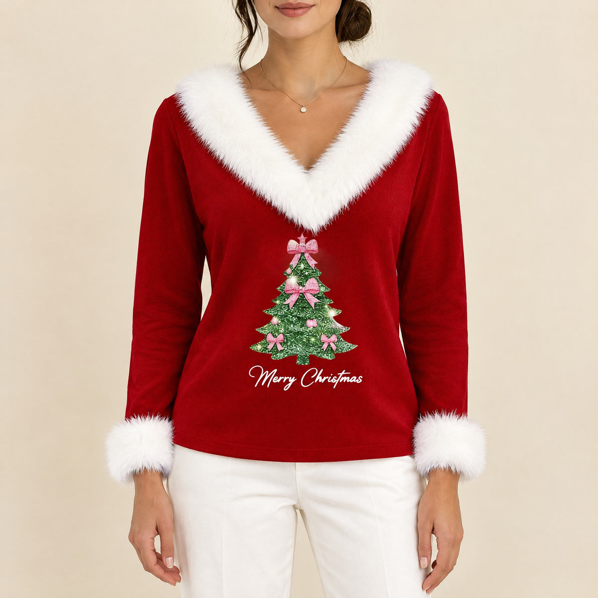 Clara – Weihnachtspullover Damen mit Kunstfell und Glitzer-Tannenbaum – Bellemina Zürich