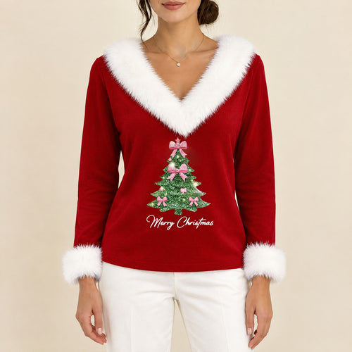 Clara – Weihnachtspullover Damen mit Kunstfell und Glitzer-Tannenbaum – Bellemina Zürich