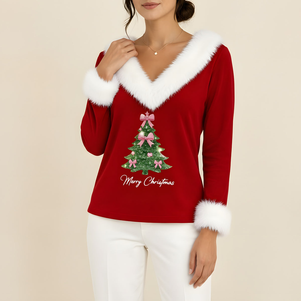 Clara – Weihnachtspullover Damen mit Kunstfell und Glitzer-Tannenbaum (2) – Bellemina Zürich